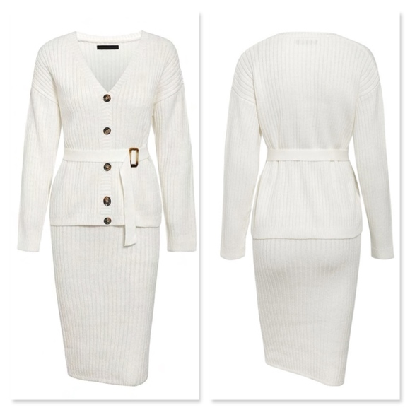 2 Piece Rib Knit Suit Belted Top and Pencil Skirt - Picture 6 of 10